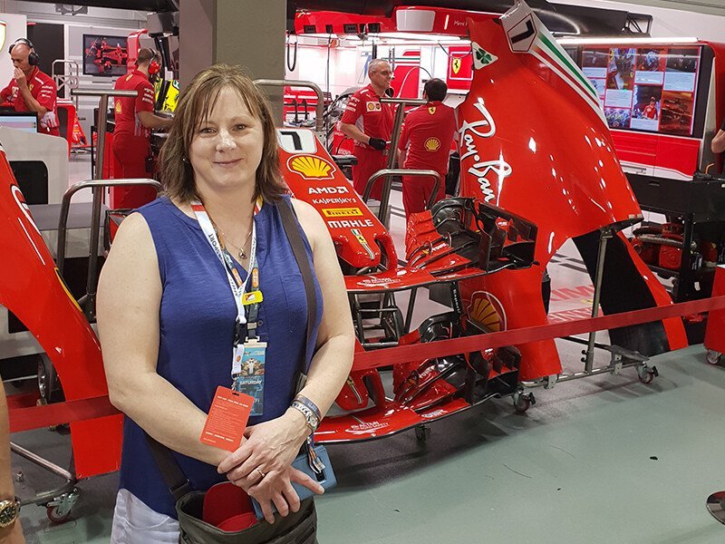 Clarissa Leary with Team Ferrari in the background